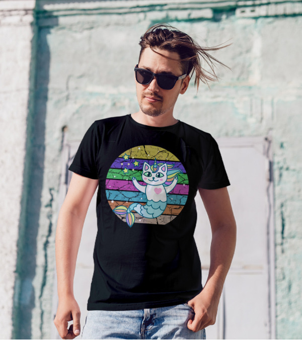 Cute Mermaid Cat Unicorn With Stars And Rainbow Stripes T-Shirt