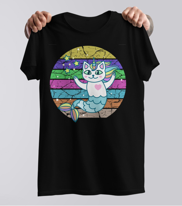 Cute Mermaid Cat Unicorn With Stars And Rainbow Stripes T-Shirt