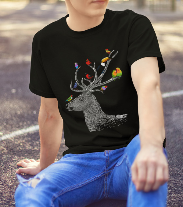 Deer With Birds And Colorful Antler Birds T-Shirt
