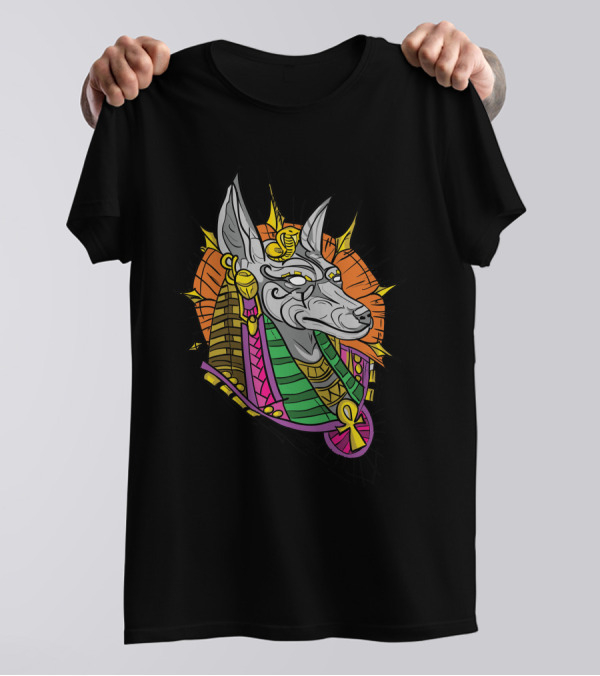 Anubis Hieroglyphic Color Burst With Ankh Egyptian T-Shirt