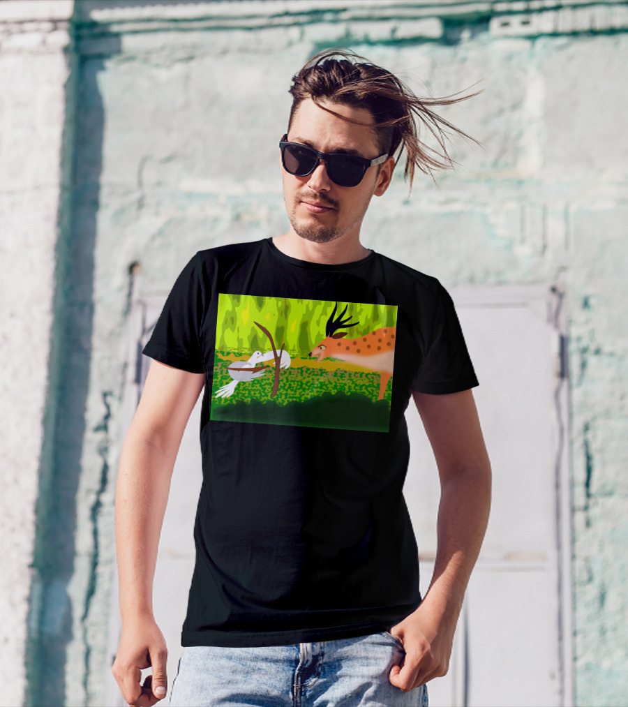 Dove With Bow Facing Spotted Deer In Forest Scene T-Shirt