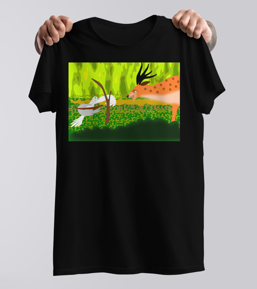 Dove With Bow Facing Spotted Deer In Forest Scene T-Shirt
