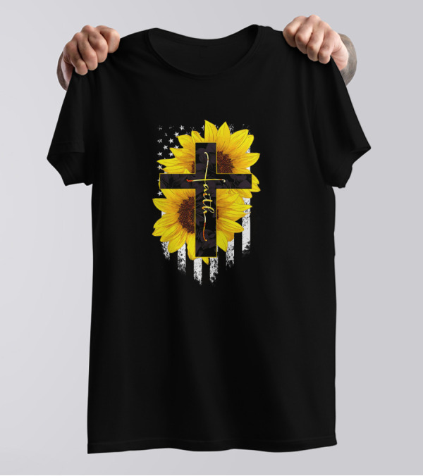 Faith Cross Sunflower American Flag T-Shirt