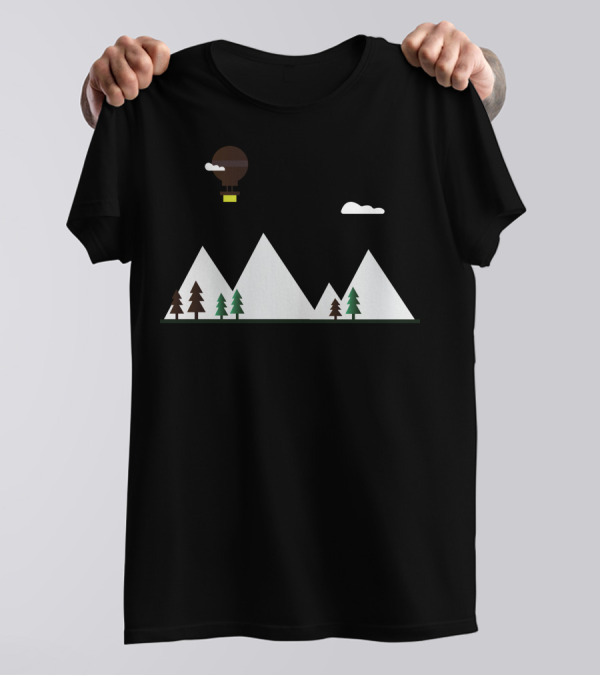 Flat Landscape Hot Air Balloon Over Mountains And Trees T-Shirt