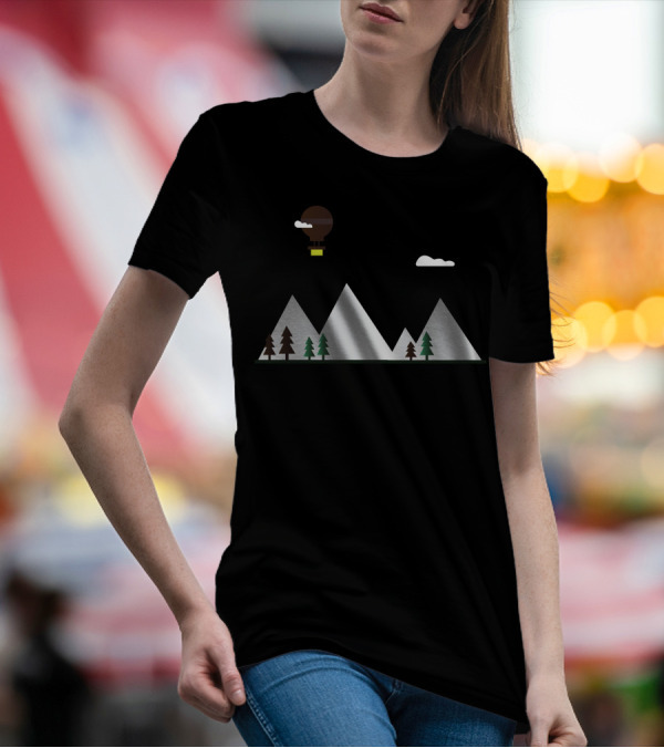 Flat Landscape Hot Air Balloon Over Mountains And Trees T-Shirt