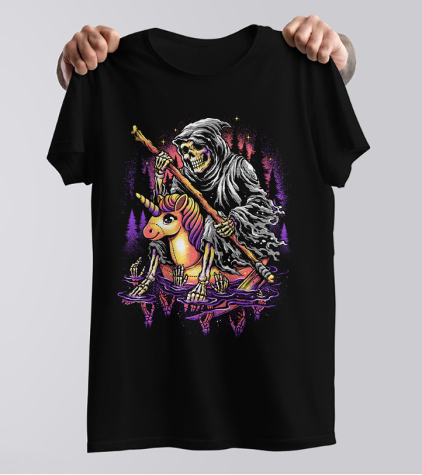 Gently Down The Stream Grim Reaper Rides Unicorn Skeleton Paddle T-Shirt