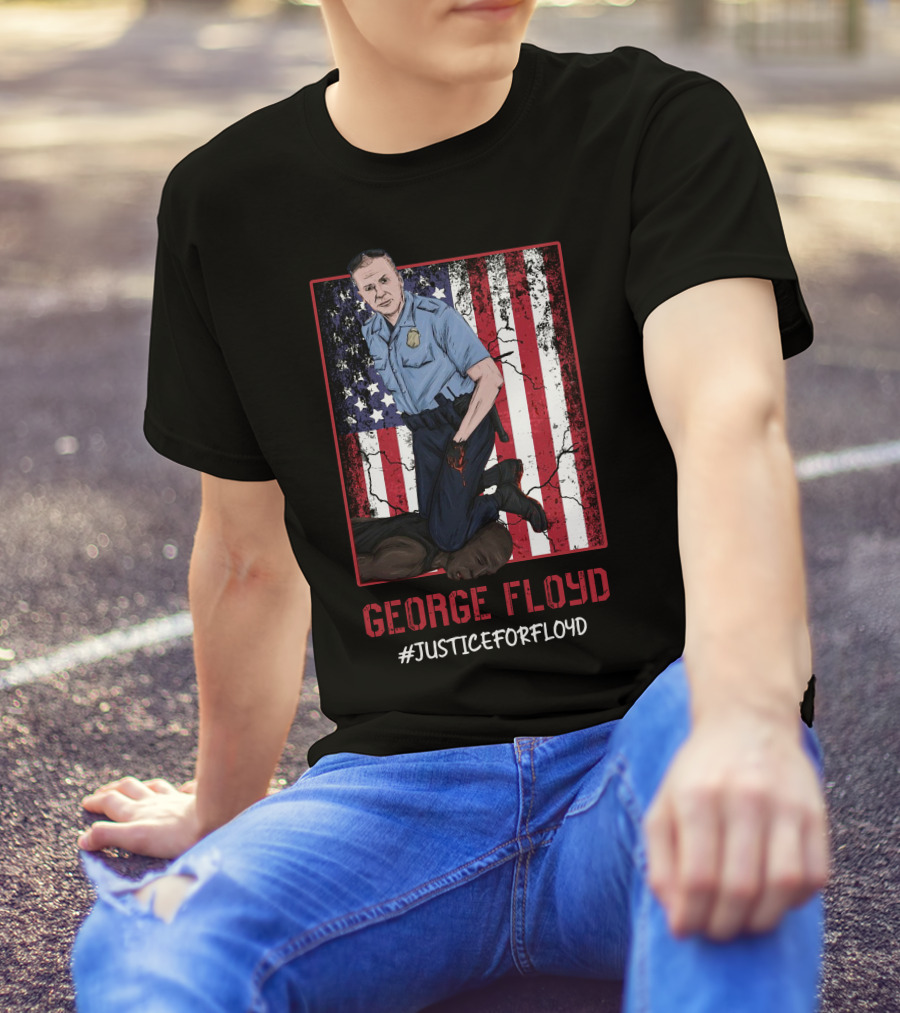 George Floyd #JusticeForFloyd Police Brutality Illustration American Flag Background T-Shirt