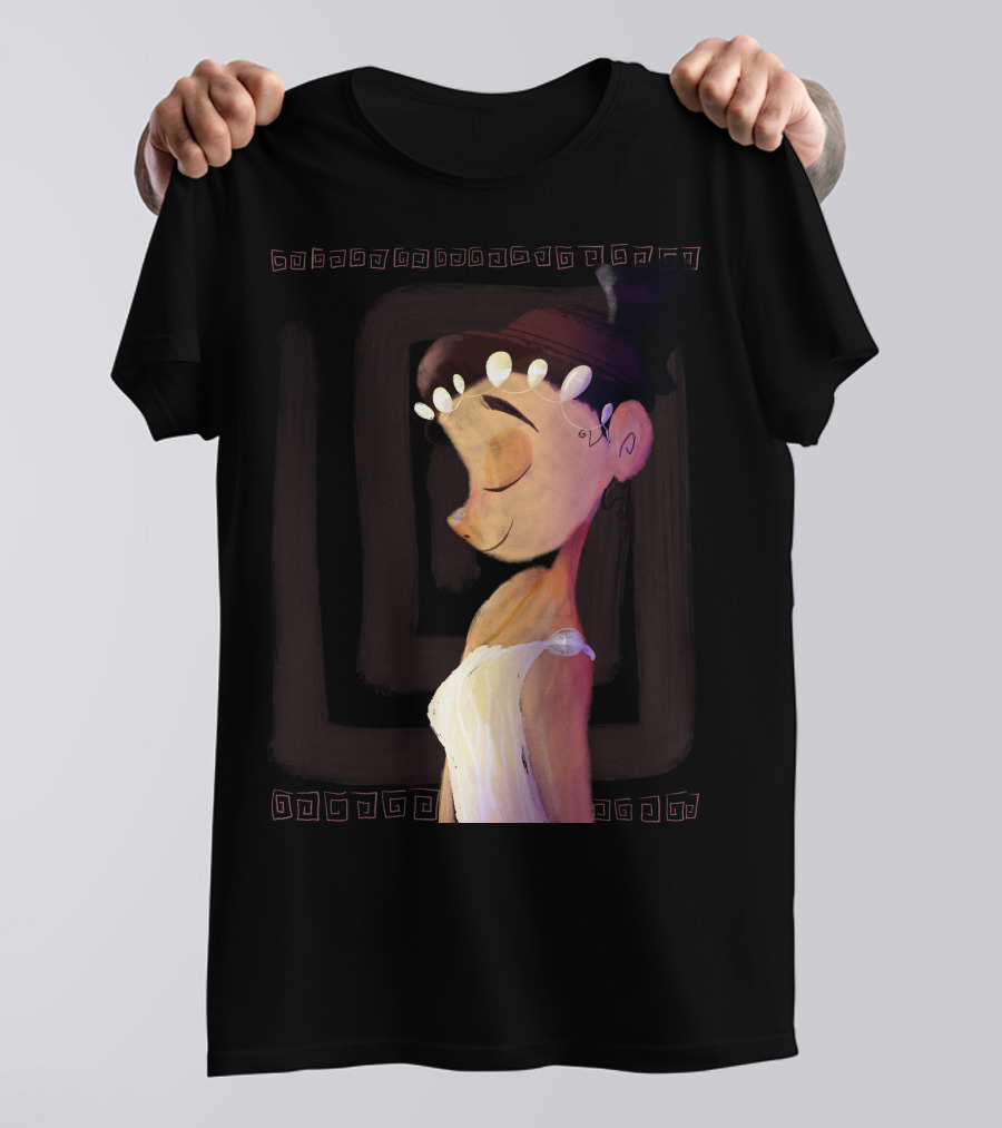 Greek Goddess Cartoon Portrait With Pearl Headband And Greek Key Border T-Shirt