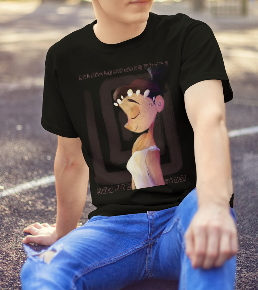 Greek Goddess Cartoon Portrait With Pearl Headband And Greek Key Border T-Shirt