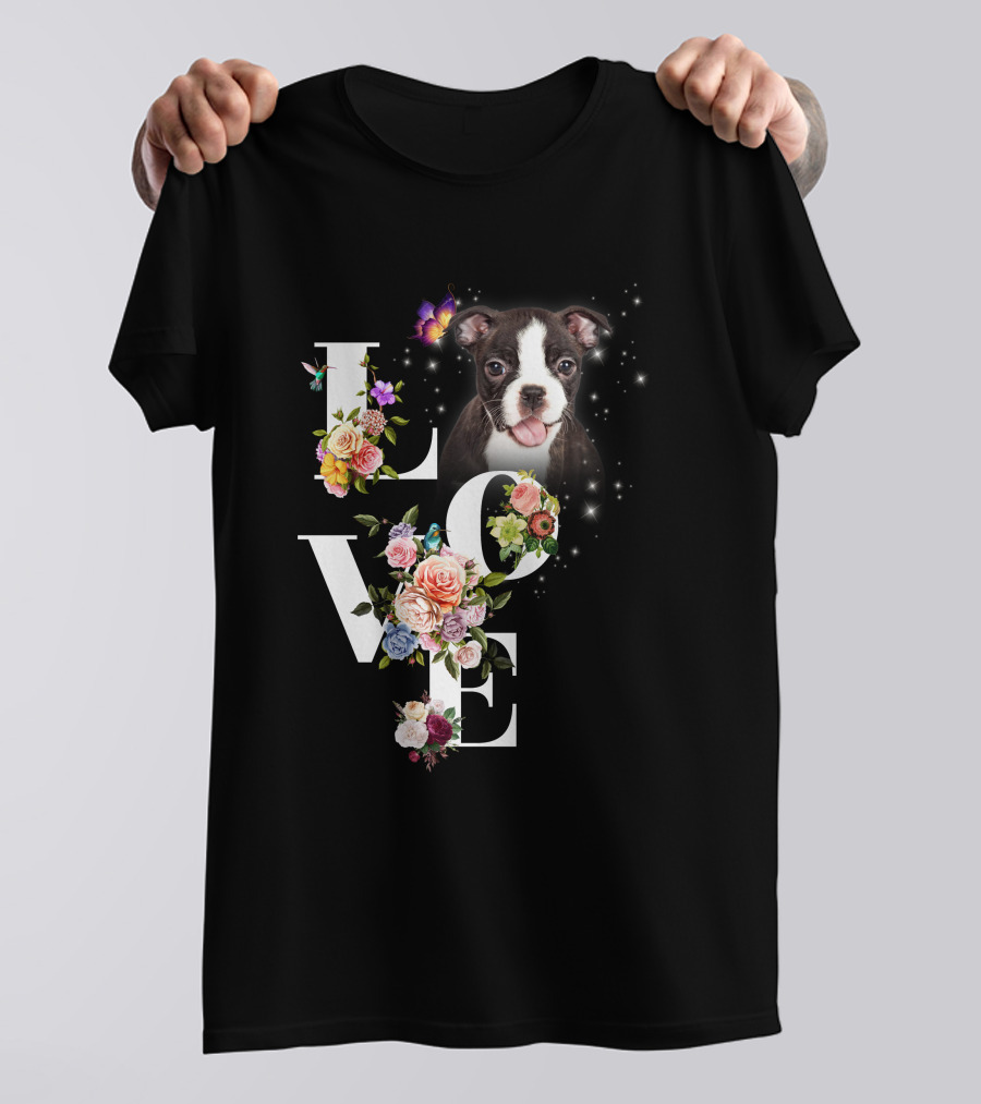 LOVE Boston Terrier Floral Butterfly T-Shirt
