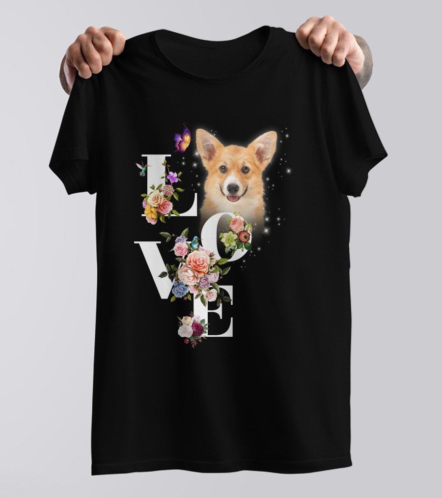 Love Corgi Floral Butterflies Sparkle T-Shirt