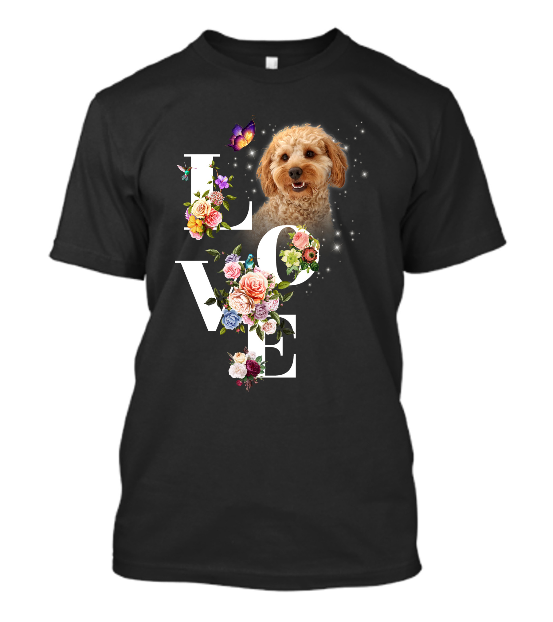LOVE Goldendoodle Floral Butterfly Sparkle T-Shirt