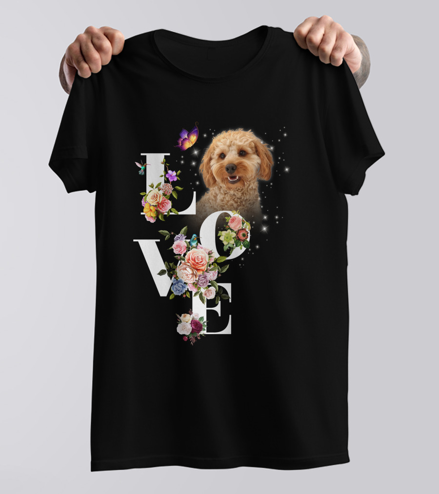 LOVE Goldendoodle Floral Butterfly Sparkle T-Shirt