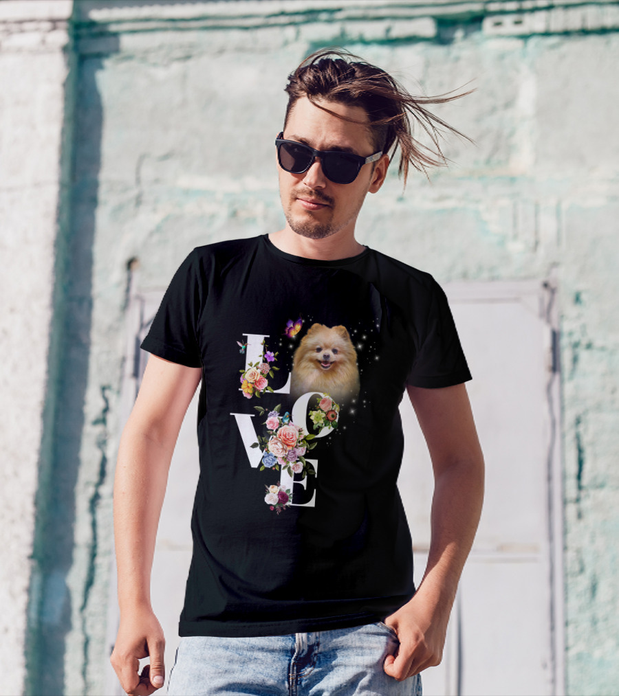 LOVE Pomeranian With Flowers And Butterfly T-Shirt