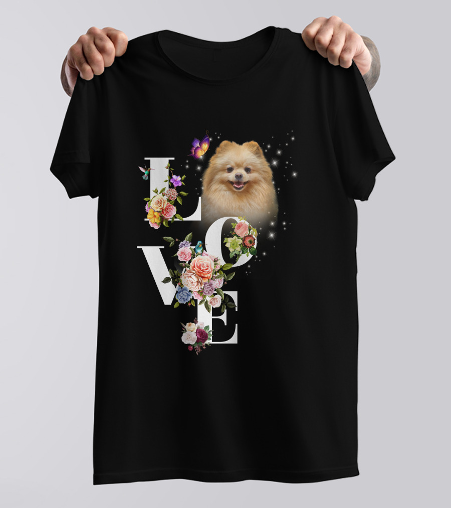 LOVE Pomeranian With Flowers And Butterfly T-Shirt