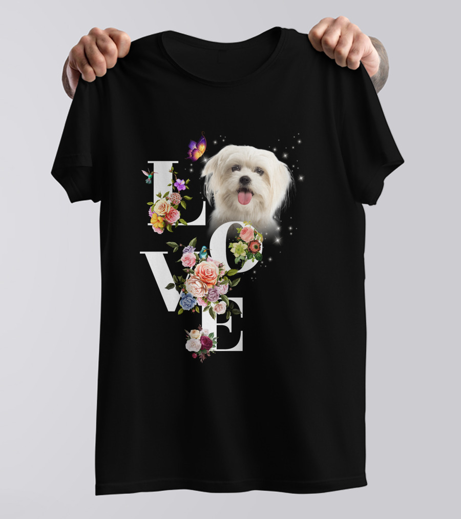 LOVE Maltese Dog Floral Butterfly T-Shirt