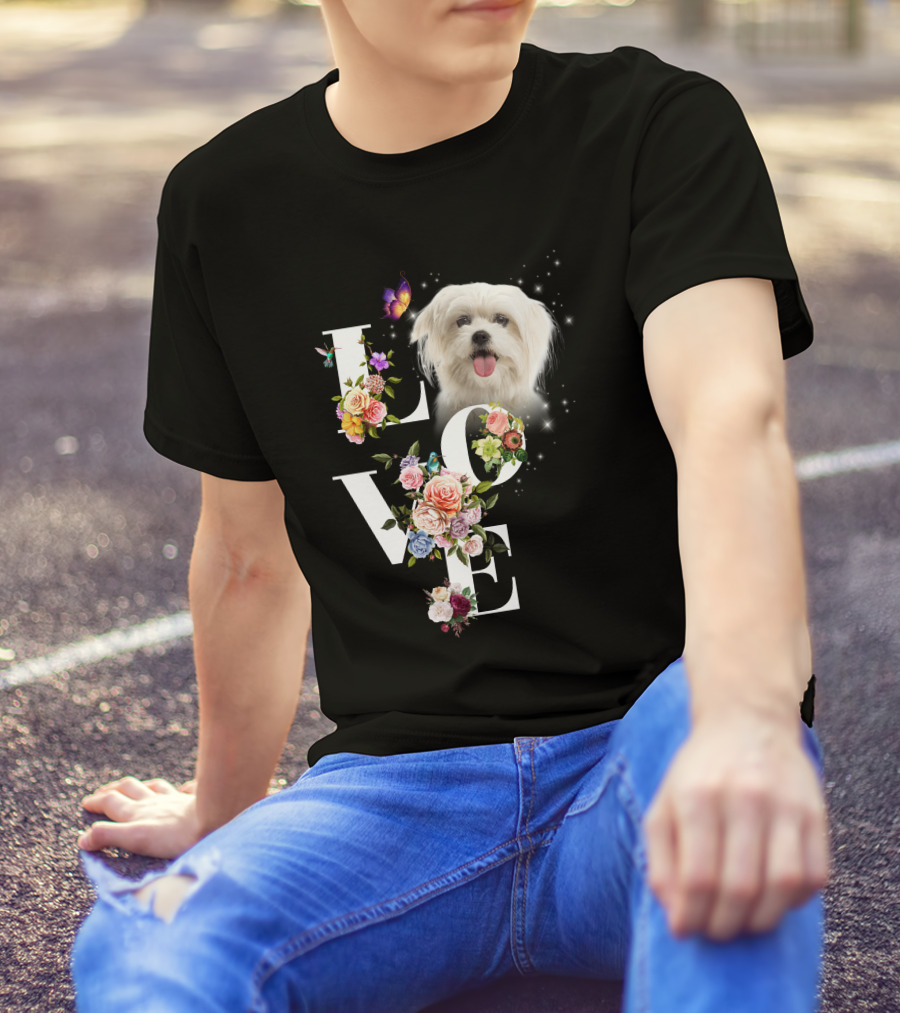 LOVE Maltese Dog Floral Butterfly T-Shirt