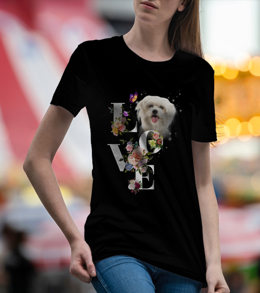 LOVE Maltese Dog Floral Butterfly T-Shirt