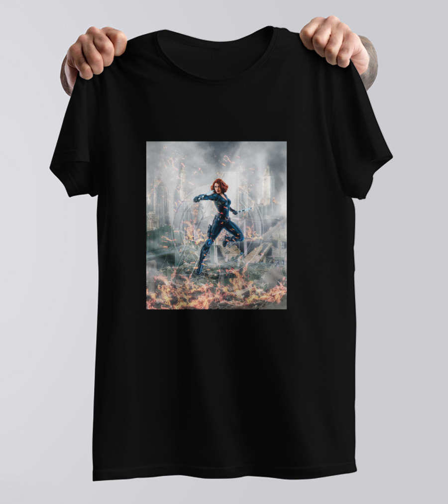 Avengers Cool Black Widow Action Scene Amidst Destruction T-Shirt