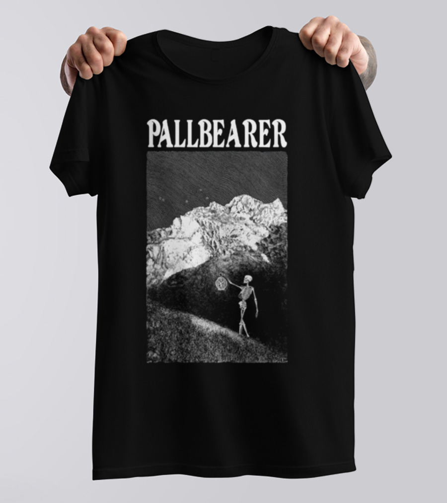 Christian Degn Hermit Pallbearer Skeleton Holding Octagon In Mountainous Landscape T-Shirt