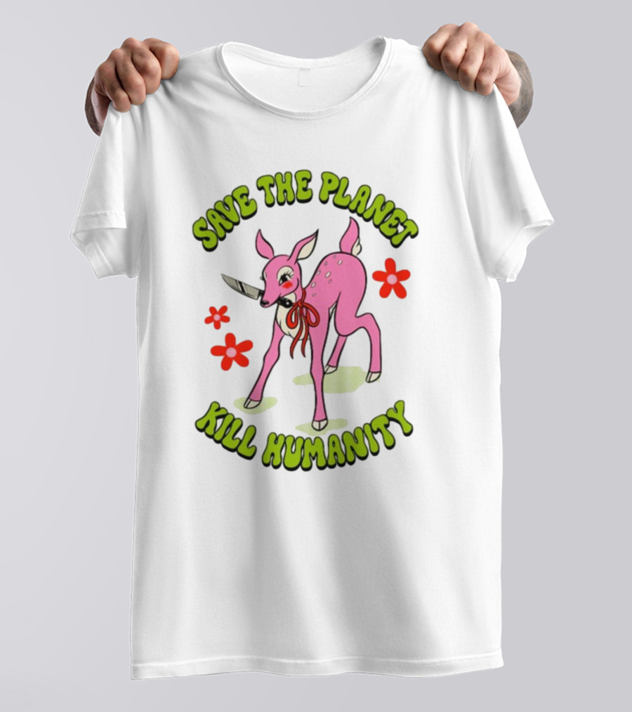Tragicgirlsco Save The Planet Kill Humanity Pink Deer Floral T-Shirt