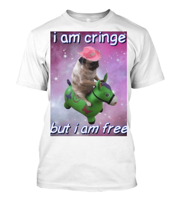 I Am Cringe But I Am Free Dog Riding Green Toy With Pink Cowboy Hat And Space Background T-Shirt