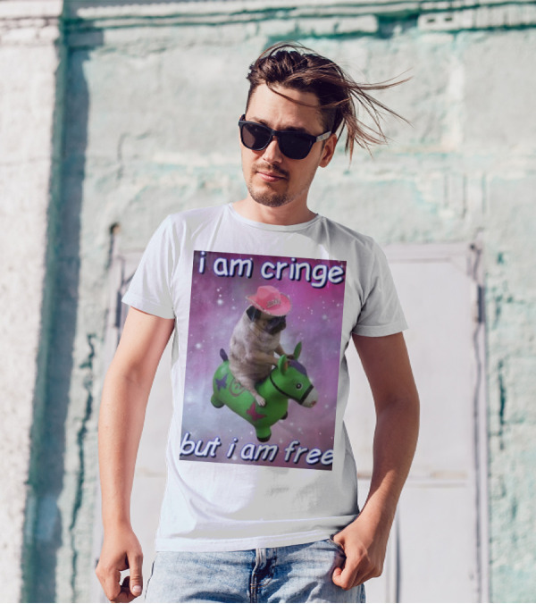 I Am Cringe But I Am Free Dog Riding Green Toy With Pink Cowboy Hat And Space Background T-Shirt
