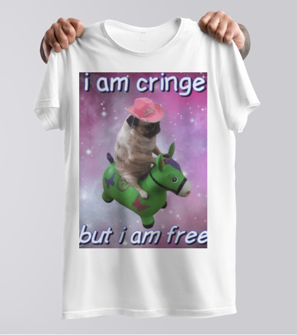 I Am Cringe But I Am Free Dog Riding Green Toy With Pink Cowboy Hat And Space Background T-Shirt