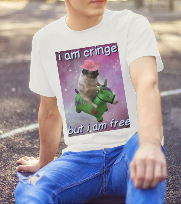I Am Cringe But I Am Free Dog Riding Green Toy With Pink Cowboy Hat And Space Background T-Shirt
