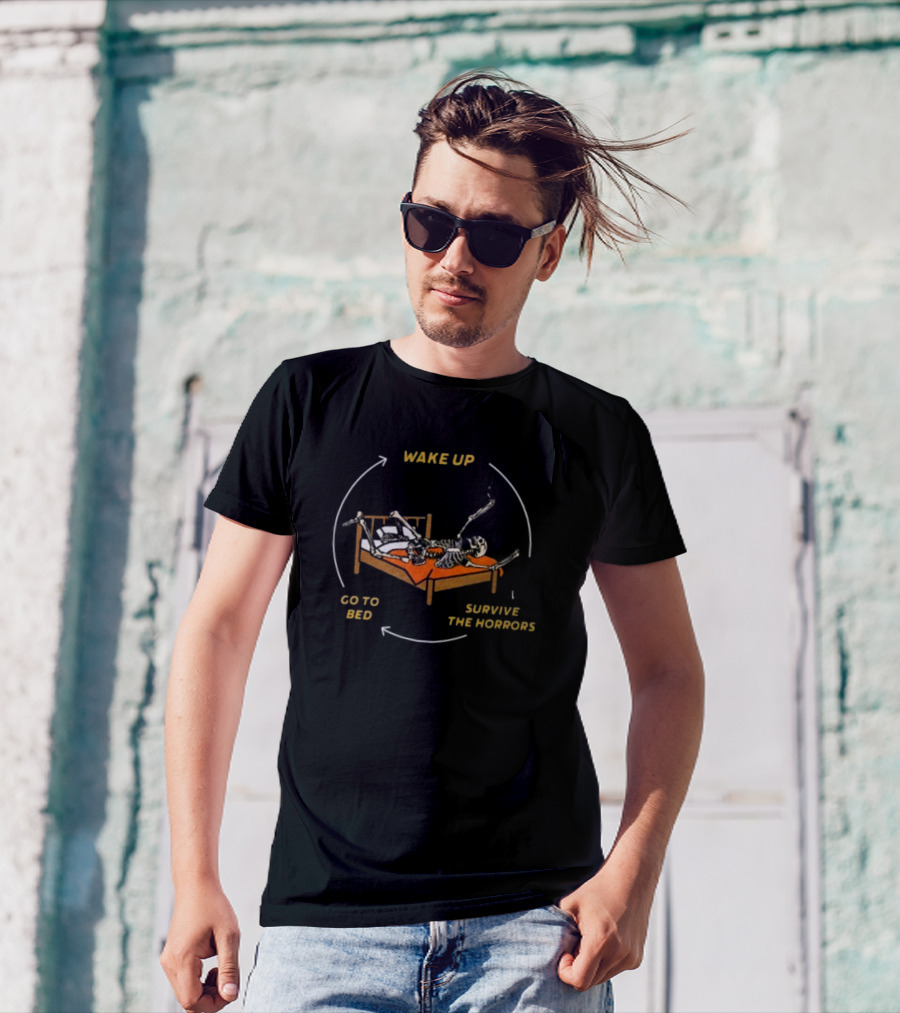 Wake Up Go To Bed Survive The Horrors Skeleton Cycle T-Shirt