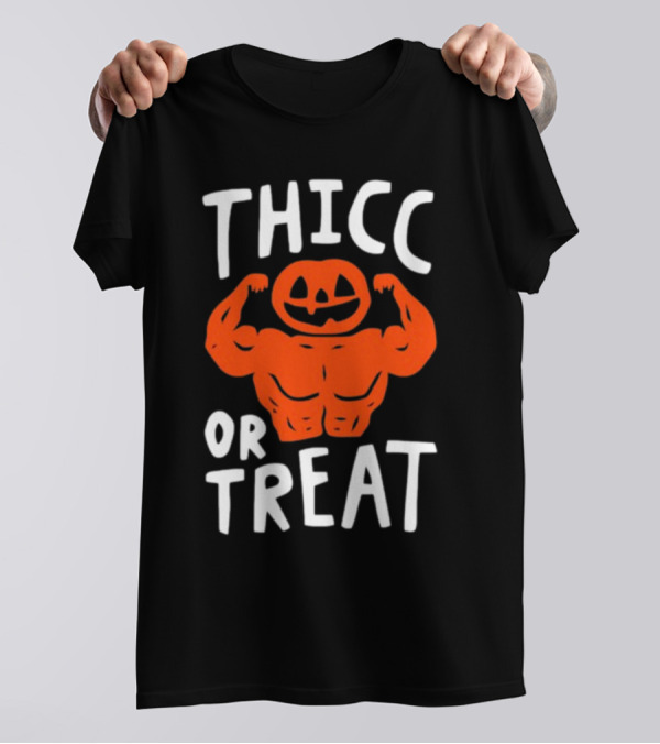 Thicc Or Treats Pumpkin Flexing Muscles T-Shirt