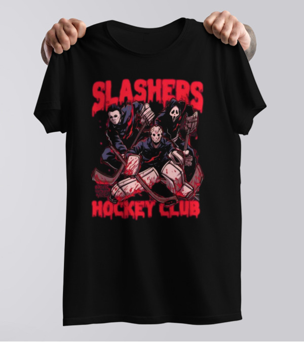 Slashers Hockey Club Horror Icons With Masks And Sticks T-Shirt