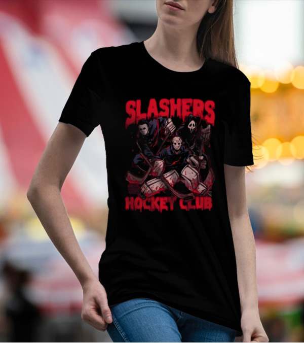 Slashers Hockey Club Horror Icons With Masks And Sticks T-Shirt
