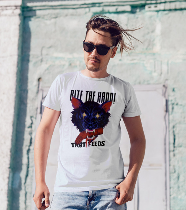 Galactixy Bite The Hand That Feeds Wolf With Glowing Eyes Holding Severed Hand T-Shirt