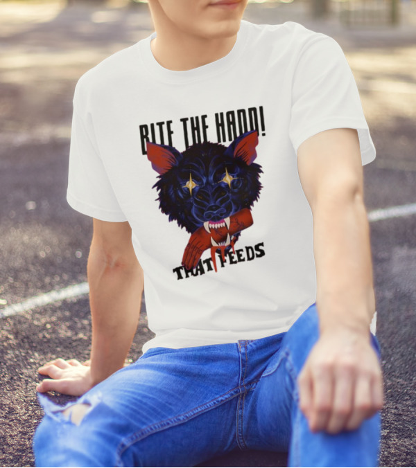Galactixy Bite The Hand That Feeds Wolf With Glowing Eyes Holding Severed Hand T-Shirt