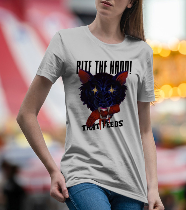 Galactixy Bite The Hand That Feeds Wolf With Glowing Eyes Holding Severed Hand T-Shirt