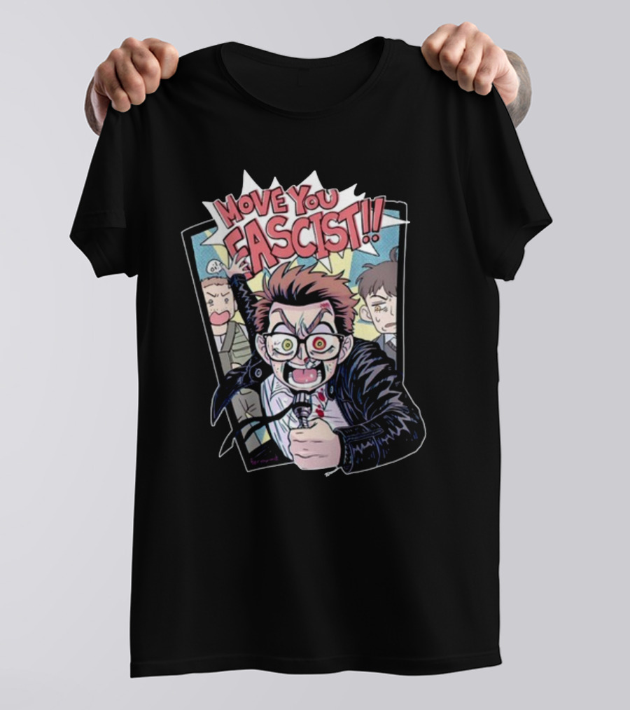 Move You Fascist Comic-Style Angry Character Yelling With Glasses And Leather Jacket T-Shirt