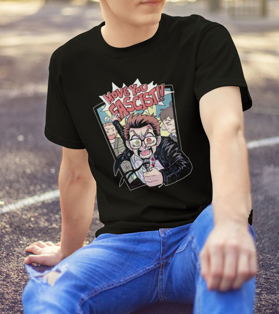 Move You Fascist Comic-Style Angry Character Yelling With Glasses And Leather Jacket T-Shirt