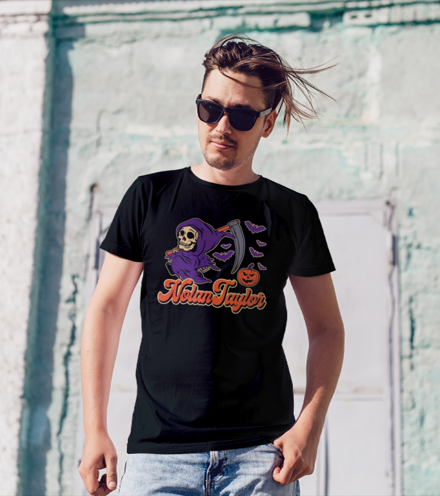 NolanTaylor Halloween Grim Reaper With Scythe And Pumpkin Bats T-Shirt