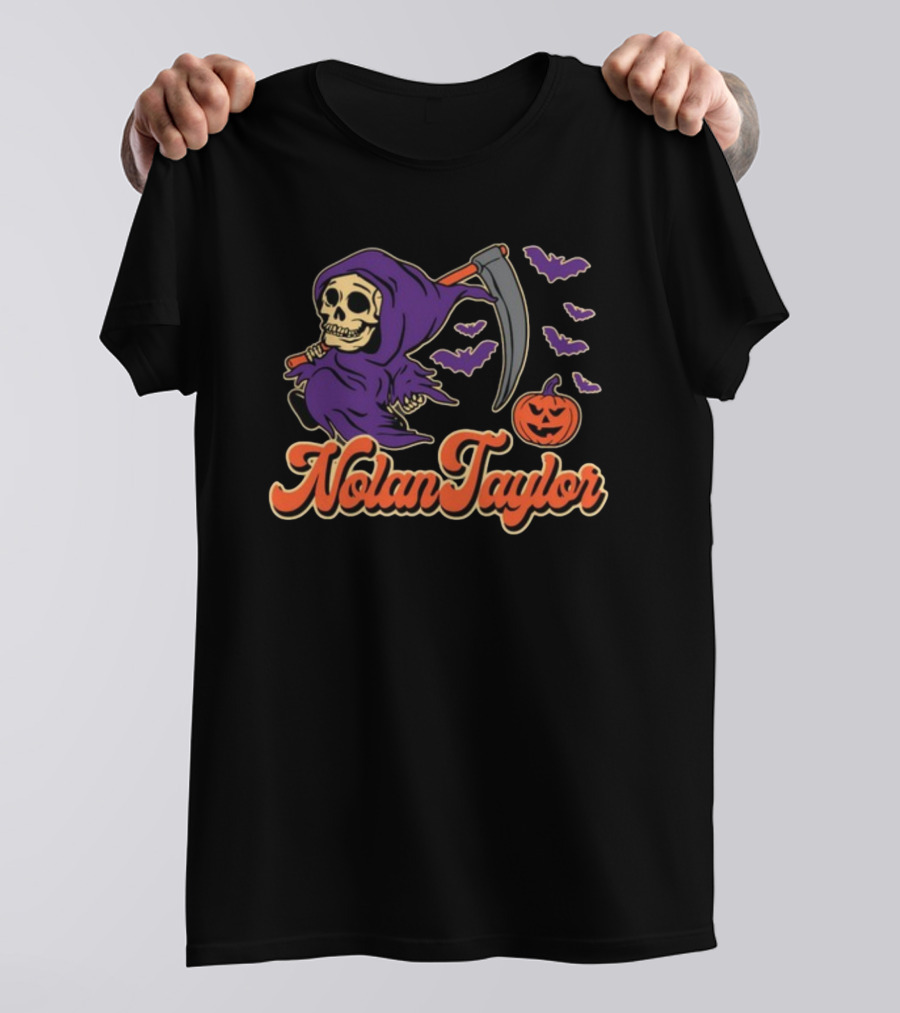 NolanTaylor Halloween Grim Reaper With Scythe And Pumpkin Bats T-Shirt