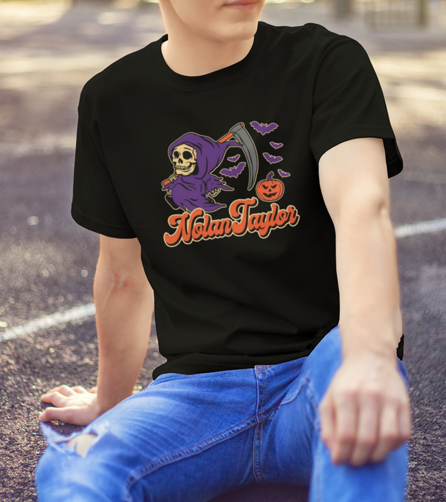NolanTaylor Halloween Grim Reaper With Scythe And Pumpkin Bats T-Shirt
