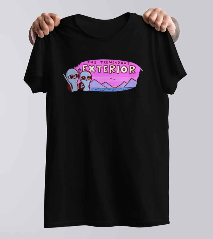 Strange Planet The Tremendous Exterior Alien Characters With Mountains And Pink Sky Scene T-Shirt