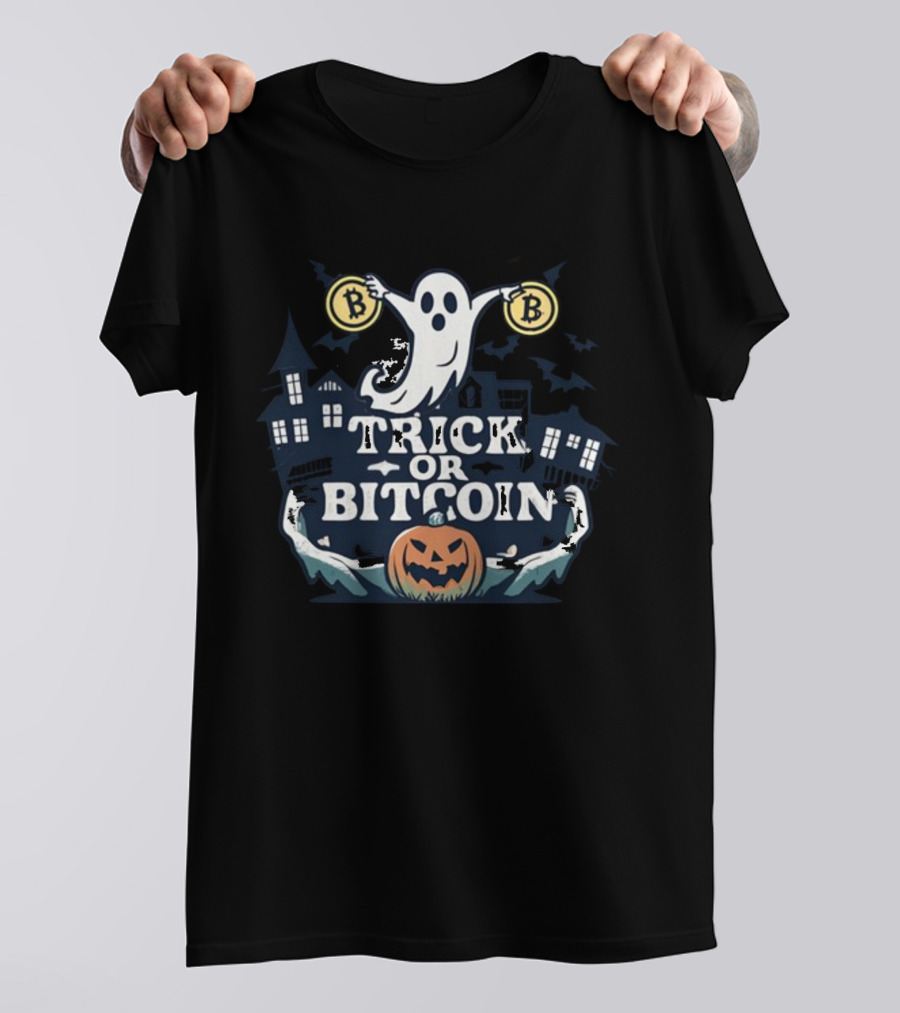 Fomo21 Ghostly Trick Or Bitcoin With Halloween Pumpkin And Spooky Houses T-Shirt