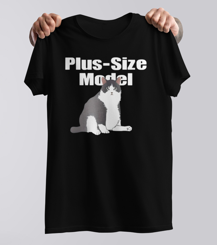 Plus-Size Model Cade Cat White Text Black Background Sitting Gray And White Cat Image T-Shirt