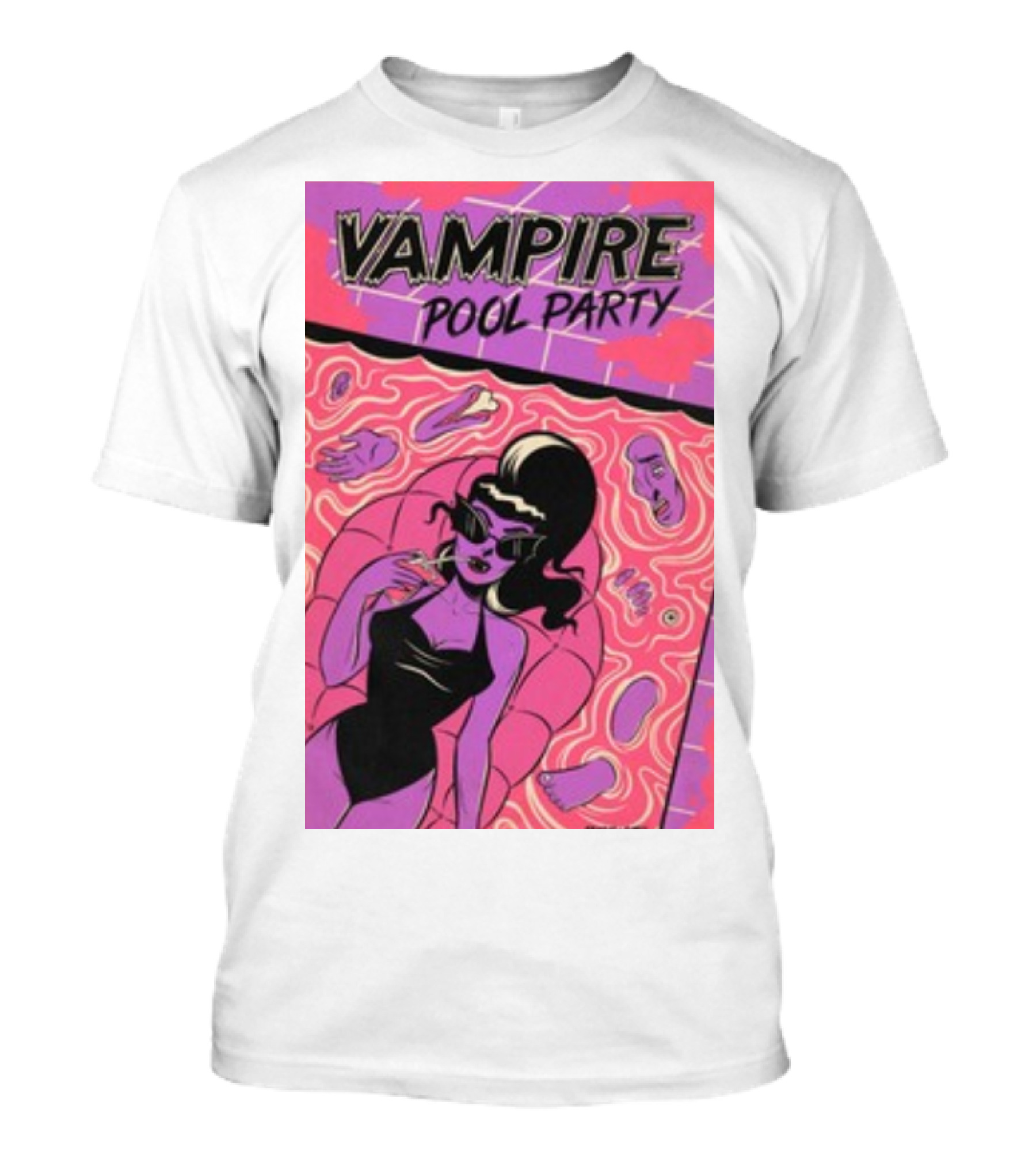 Vampire Pool Party Retro Vibes With Tragic Girl And Floating Accessories T-Shirt