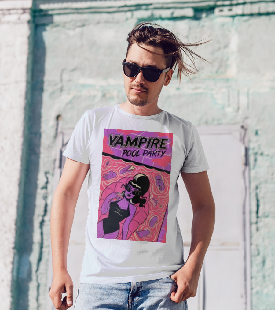 Vampire Pool Party Retro Vibes With Tragic Girl And Floating Accessories T-Shirt