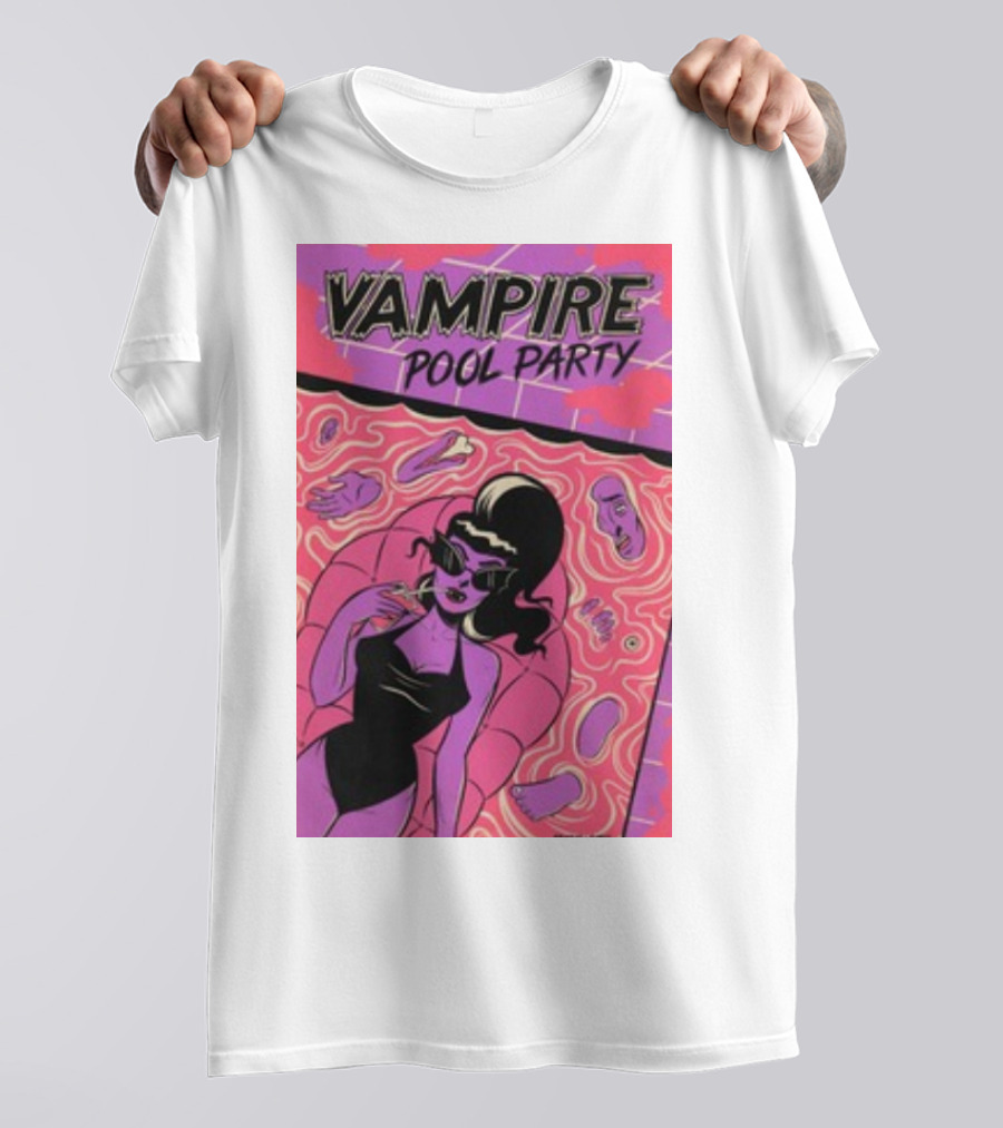 Vampire Pool Party Retro Vibes With Tragic Girl And Floating Accessories T-Shirt