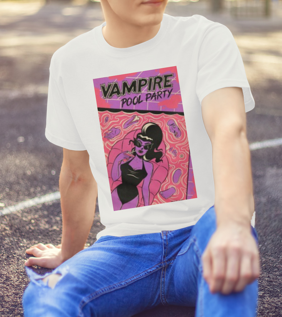 Vampire Pool Party Retro Vibes With Tragic Girl And Floating Accessories T-Shirt