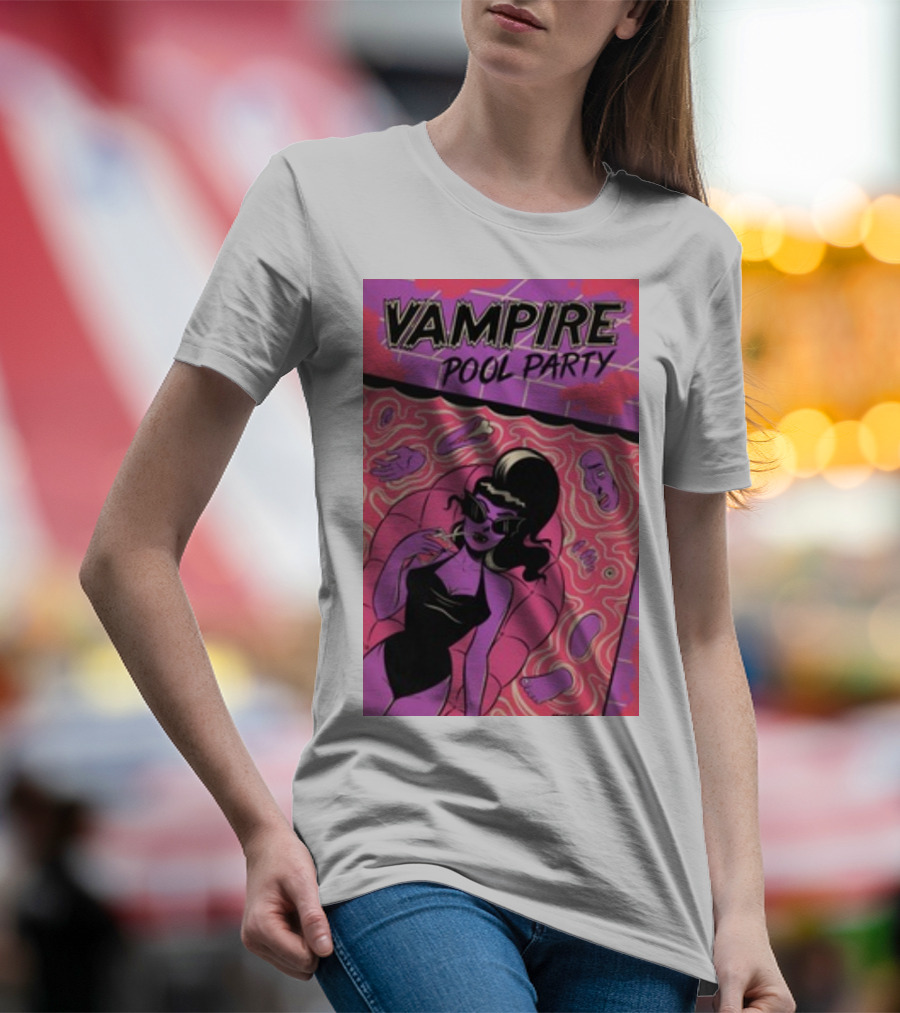 Vampire Pool Party Retro Vibes With Tragic Girl And Floating Accessories T-Shirt