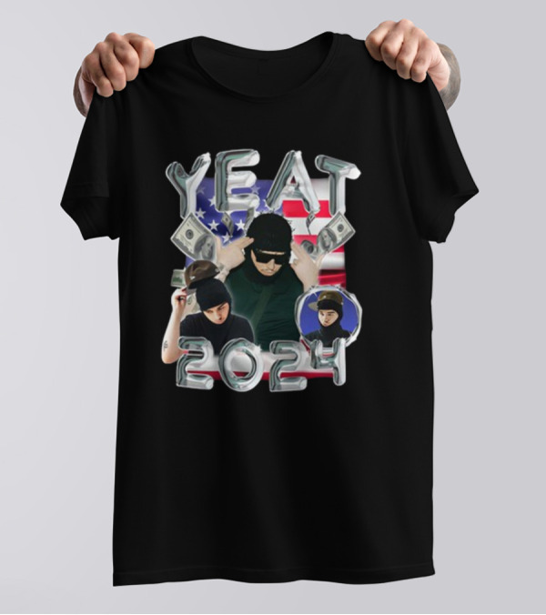 Yeat 2024 Metallic Text With Dollar Bills And American Flag Background T-Shirt